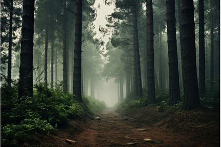 Mystical forest path in morning fog
